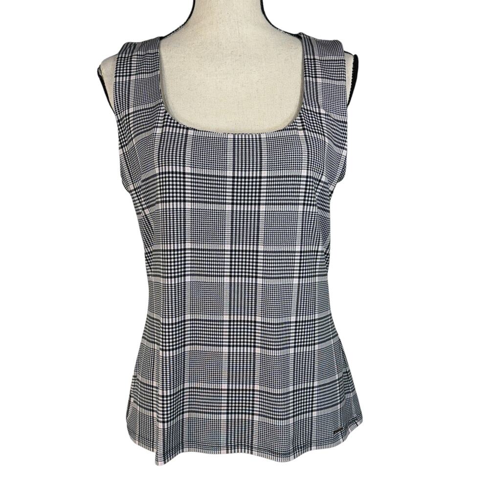 Calvin Klein Large Top Sleeveless Houndstooth Plaid Stretch Square Neck Career